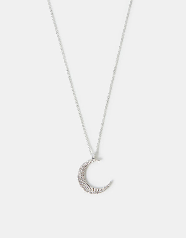 Sterling Silver-Plated Sparkle Moon Pendant Necklace, , large
