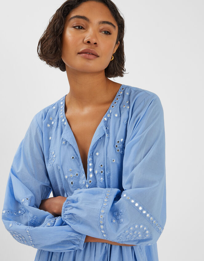 Mirror Embellished Long Sleeve Midi Dress, Blue (BLUE), large